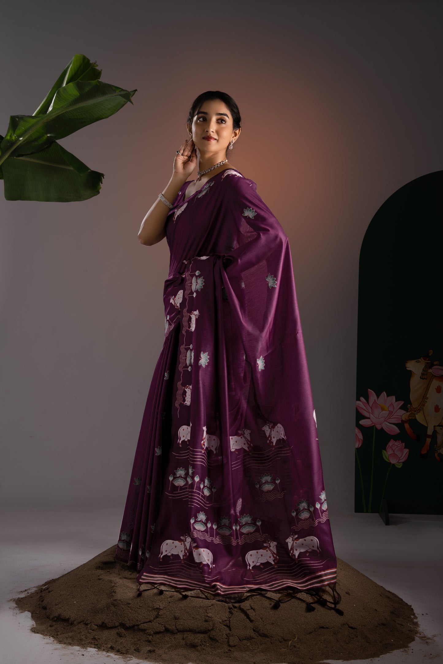 Nandika Wine Muga Cotton Jamdani Pichwai Saree With Unstitched Blouse Piece