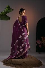 Nandika Wine Muga Cotton Jamdani Pichwai Saree With Unstitched Blouse Piece