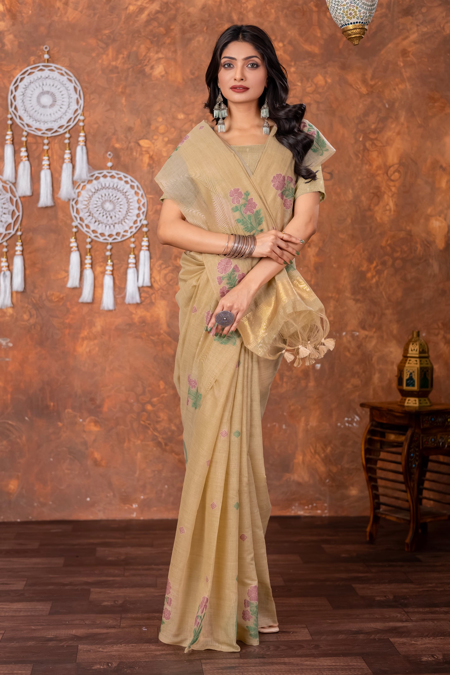 Neetika Driftwood Beige Muga Cotton Jamdani Saree