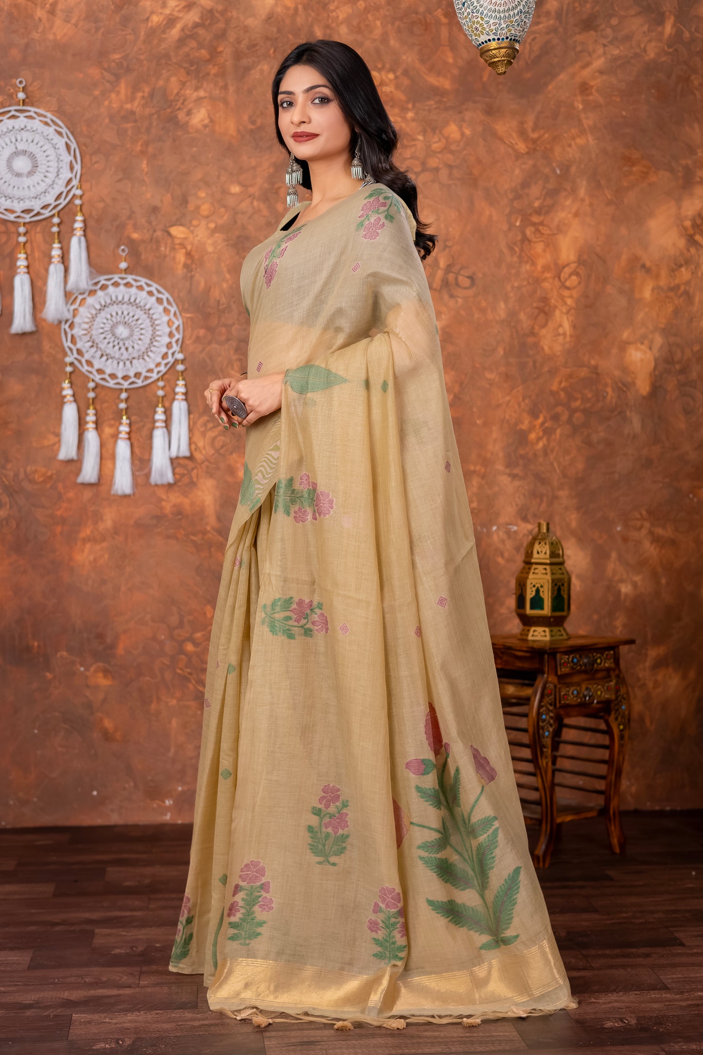 Neetika Driftwood Beige Muga Cotton Jamdani Saree