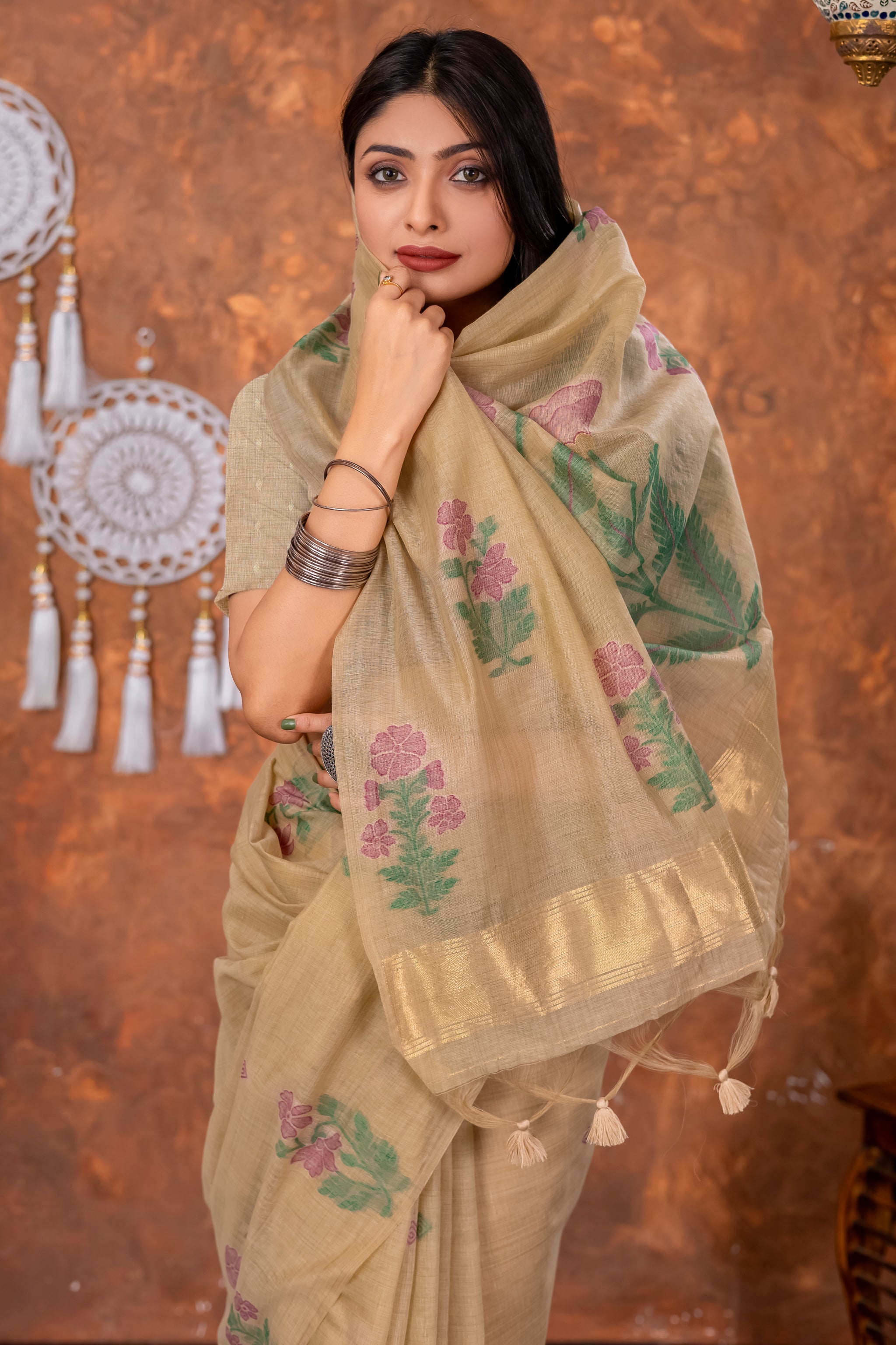 Neetika Driftwood Beige Muga Cotton Jamdani Saree