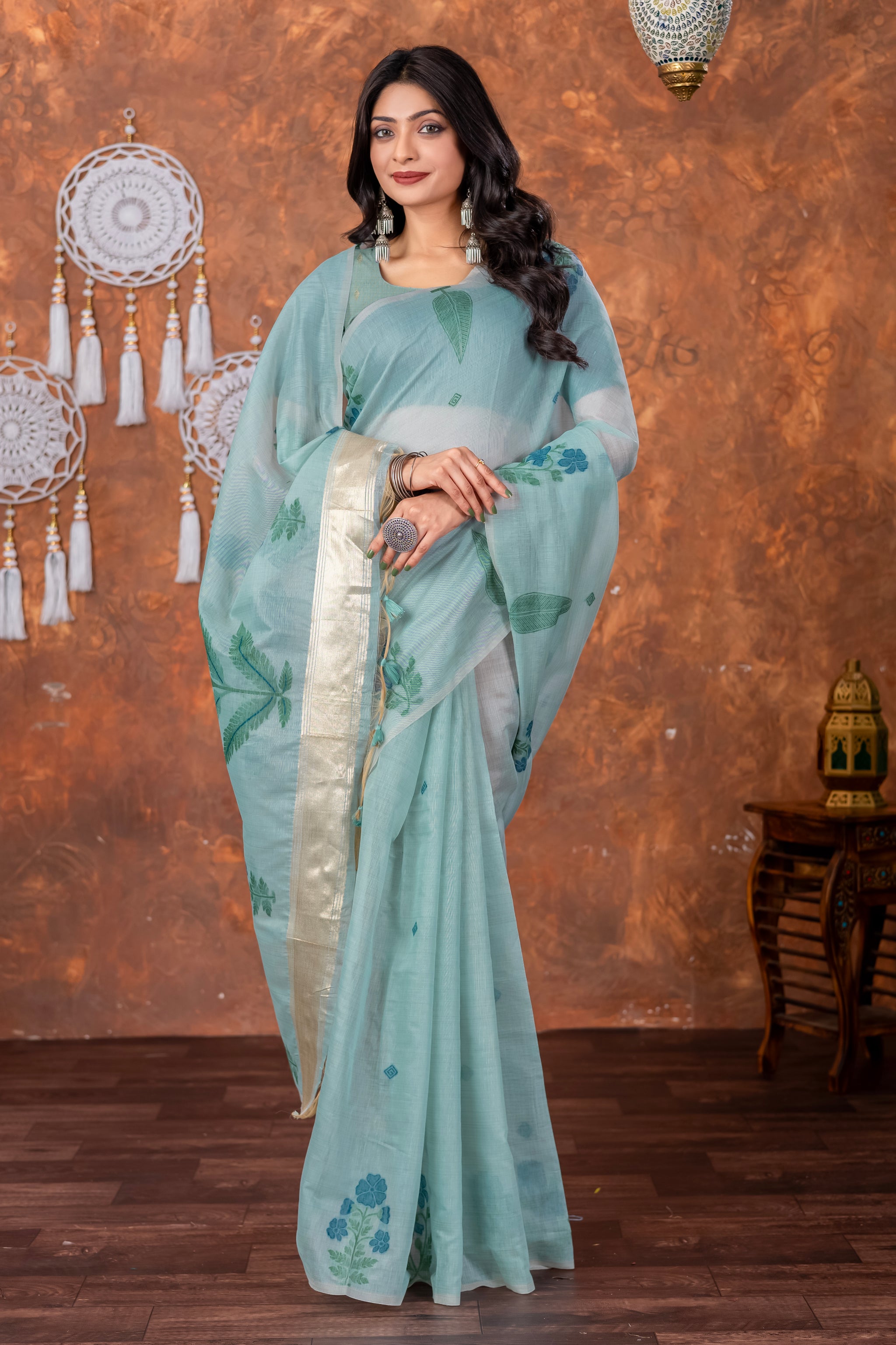 Neetika Etheral Sky Blue Muga Cotton Jamdani Saree