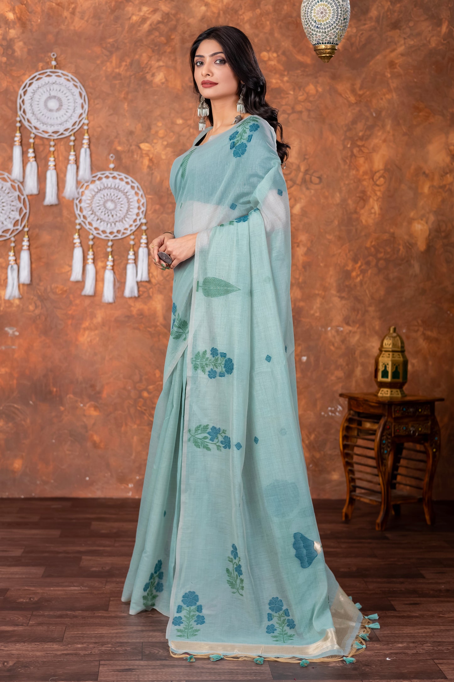 Neetika Etheral Sky Blue Muga Cotton Jamdani Saree