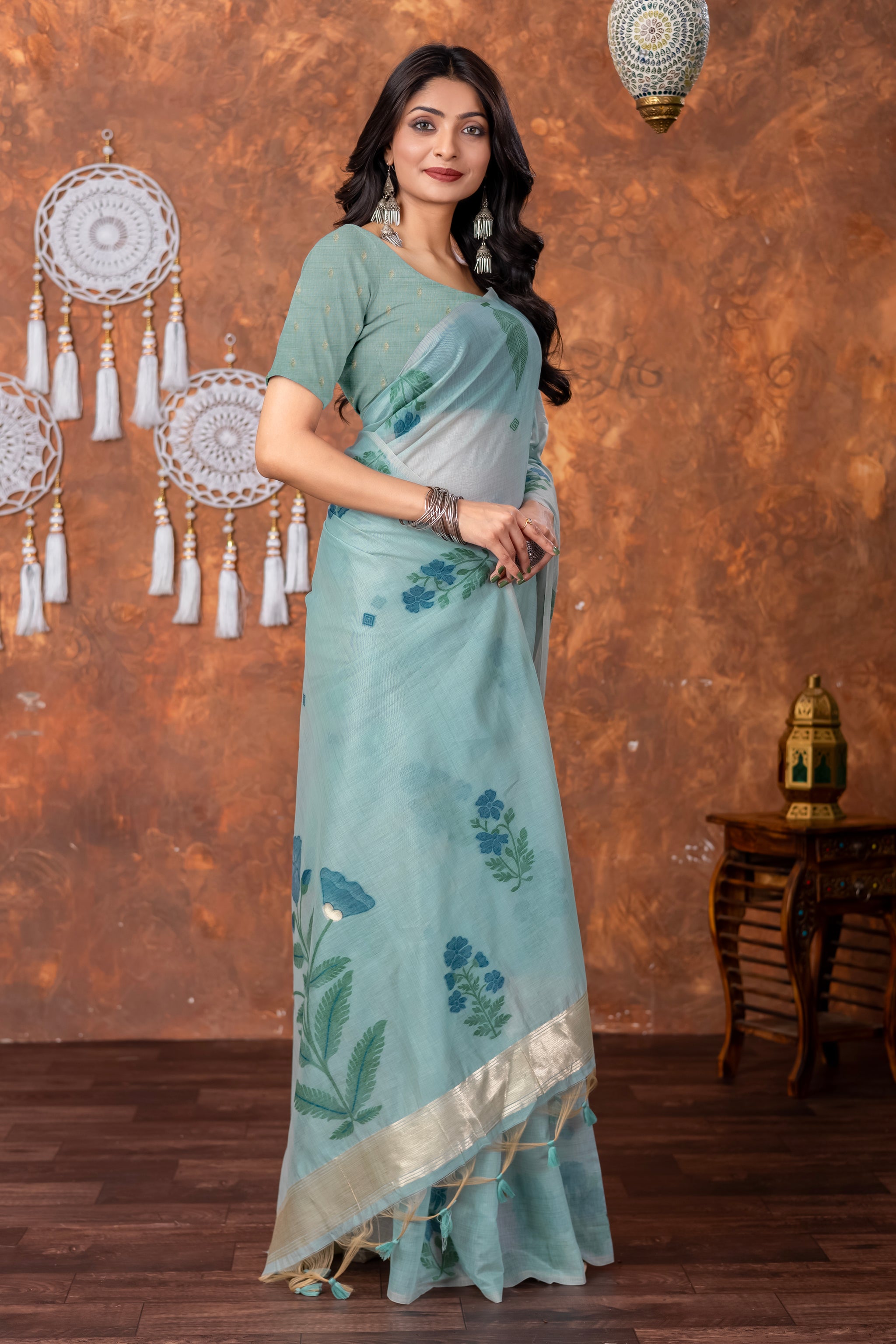 Neetika Etheral Sky Blue Muga Cotton Jamdani Saree
