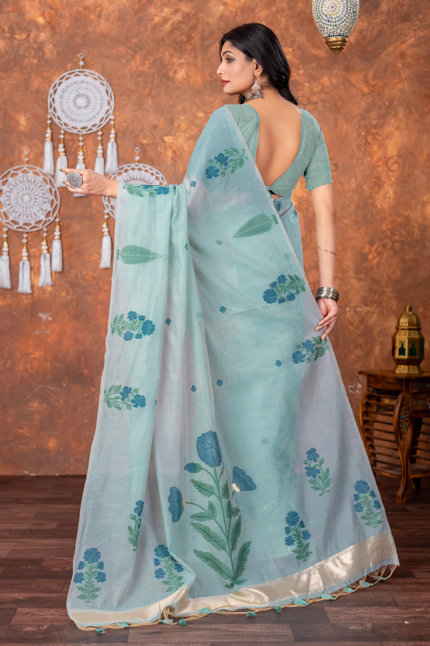 Neetika Etheral Sky Blue Muga Cotton Jamdani Saree