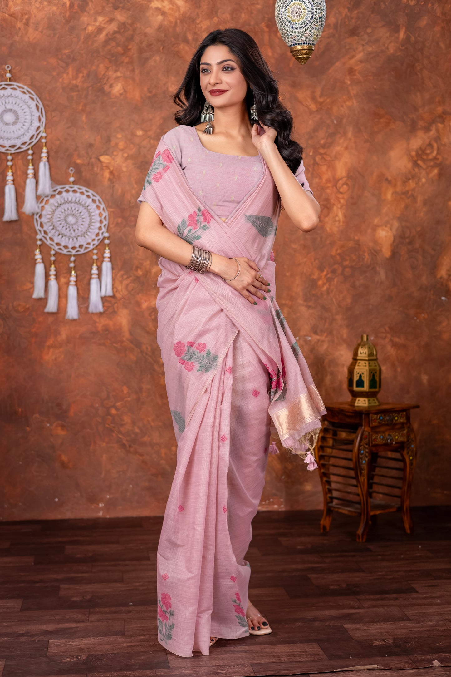 Neetika Soft Peony Pink Muga Cotton Jamdani Saree