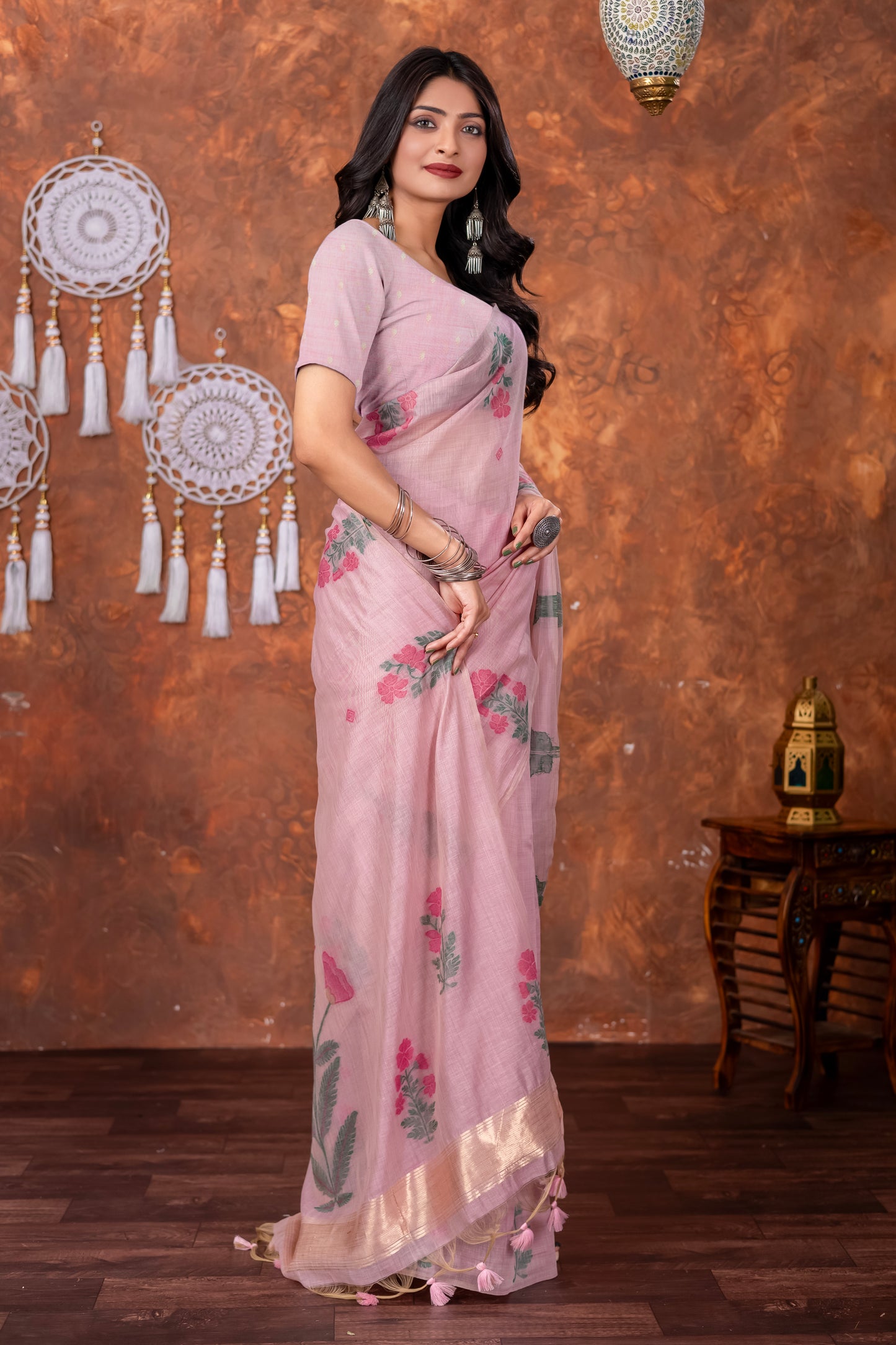 Neetika Soft Peony Pink Muga Cotton Jamdani Saree