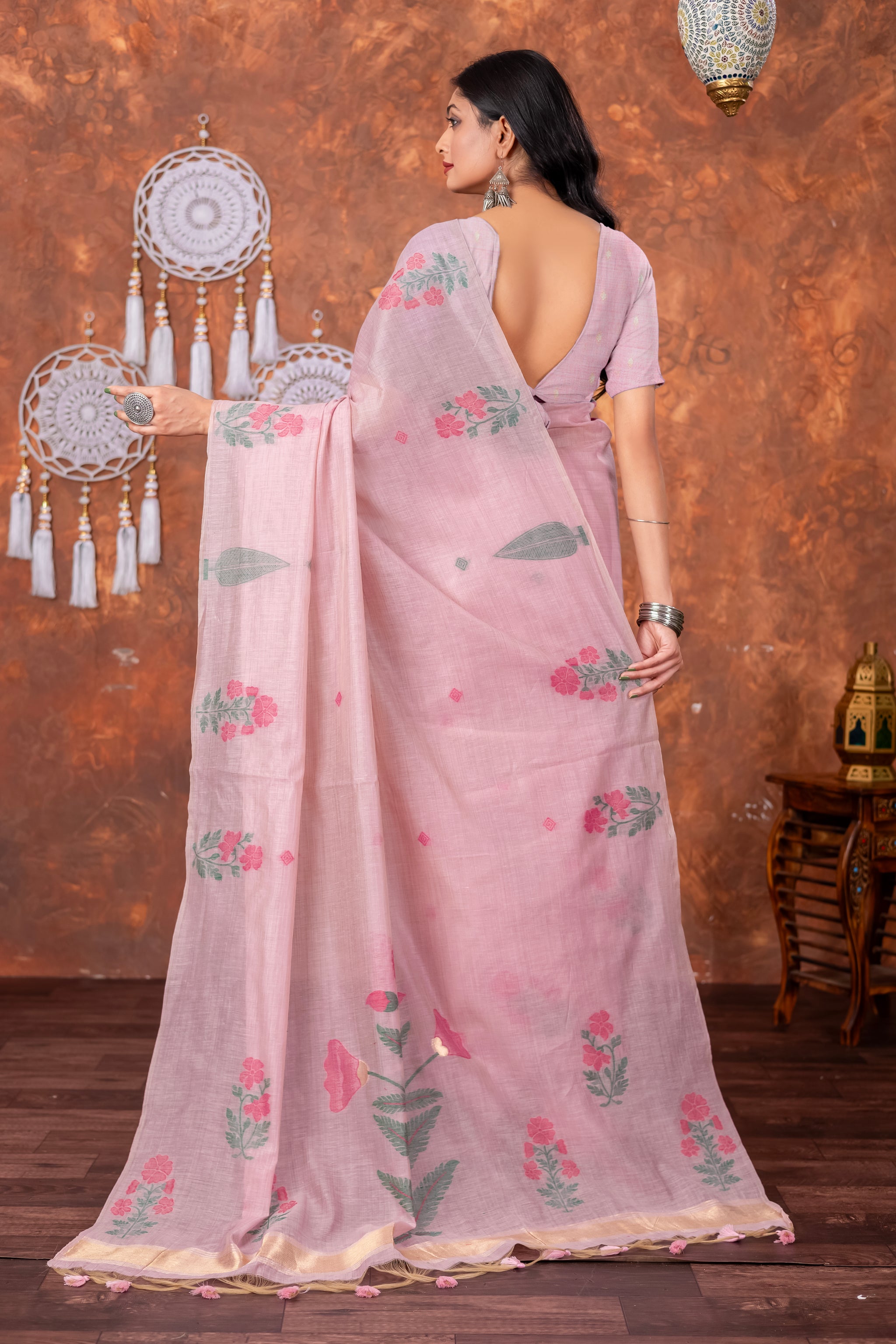 Neetika Soft Peony Pink Muga Cotton Jamdani Saree
