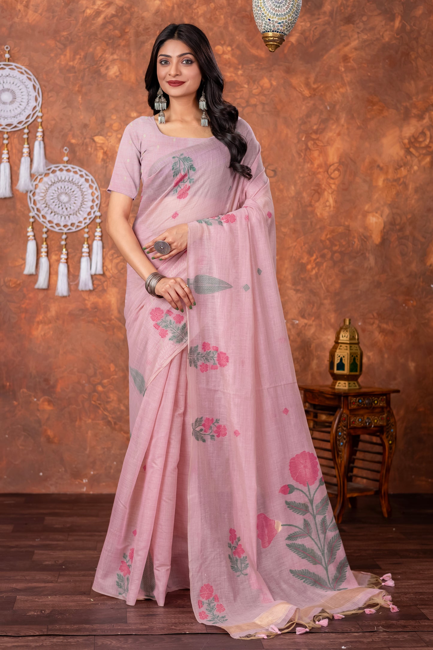 Neetika Soft Peony Pink Muga Cotton Jamdani Saree