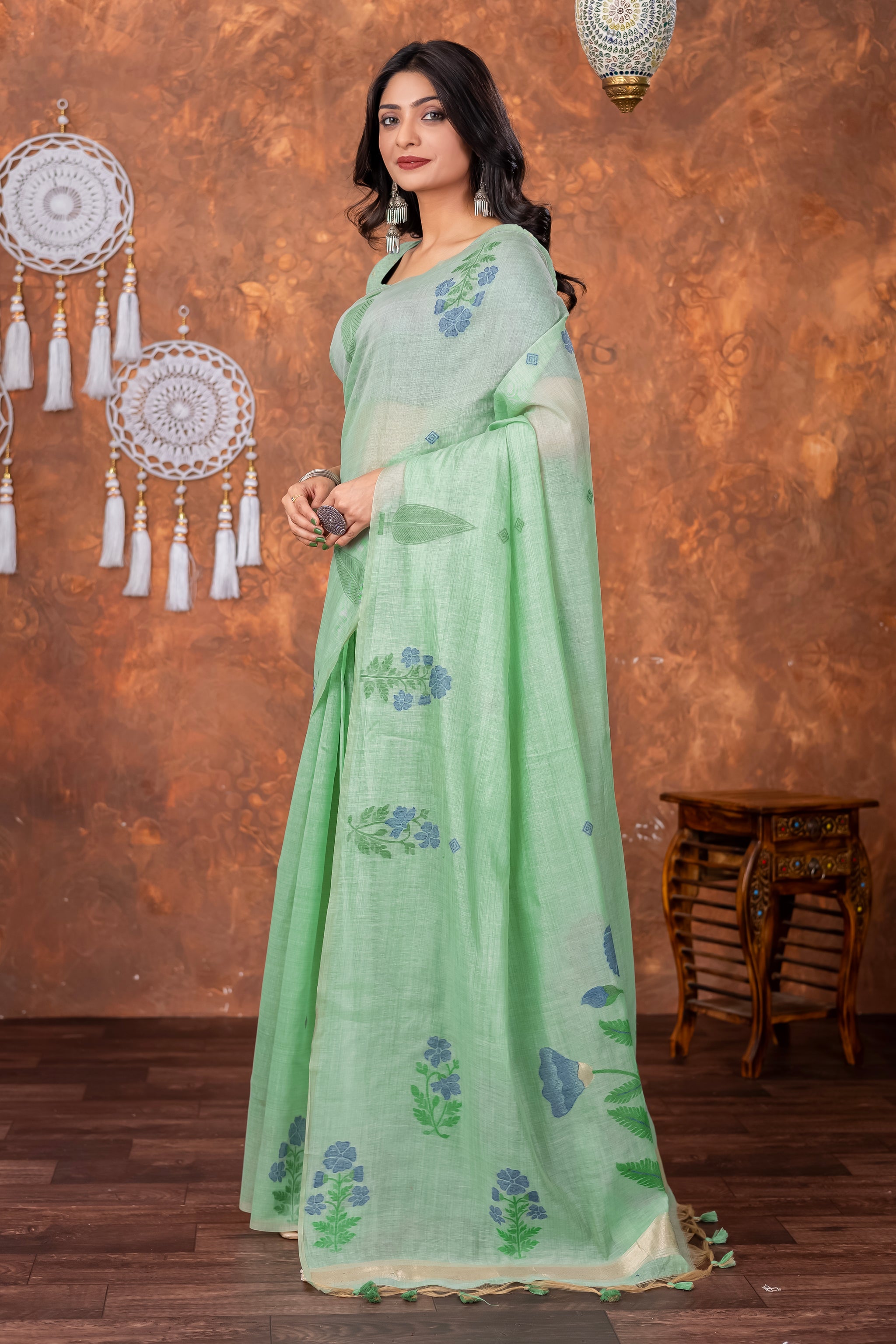 Neetika Sea Green Muga Cotton Jamdani Saree