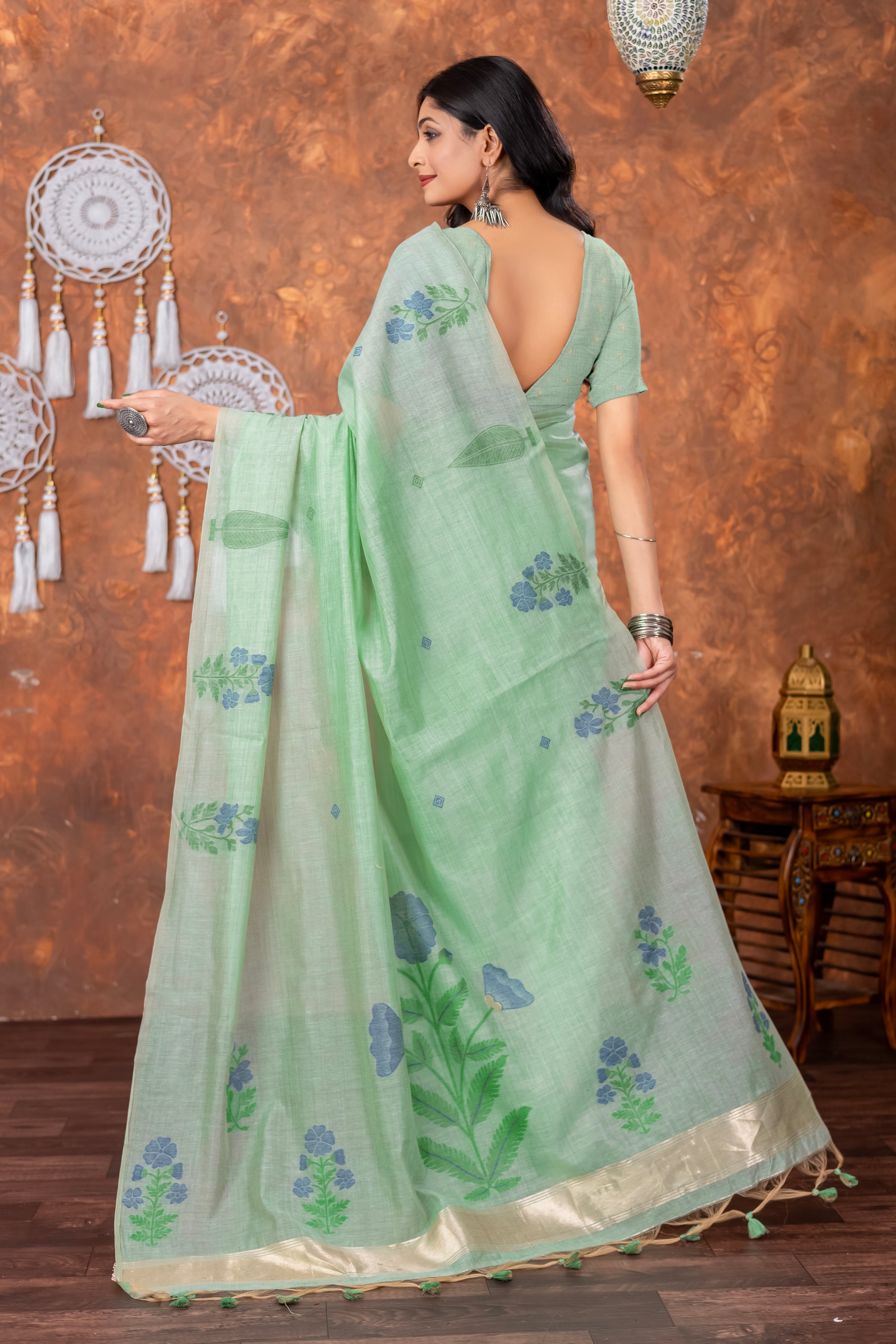 Neetika Sea Green Muga Cotton Jamdani Saree