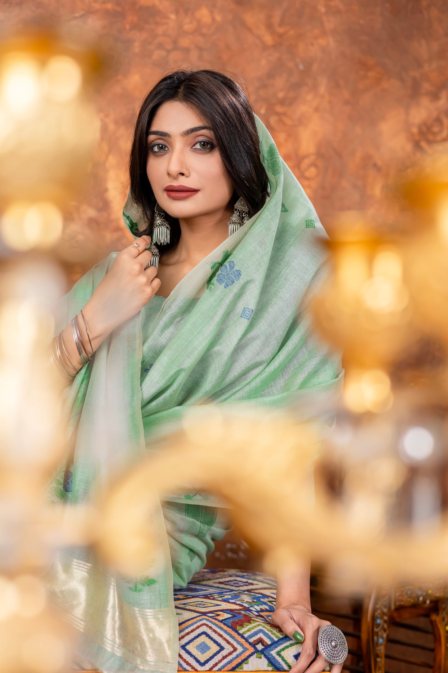 Neetika Sea Green Muga Cotton Jamdani Saree