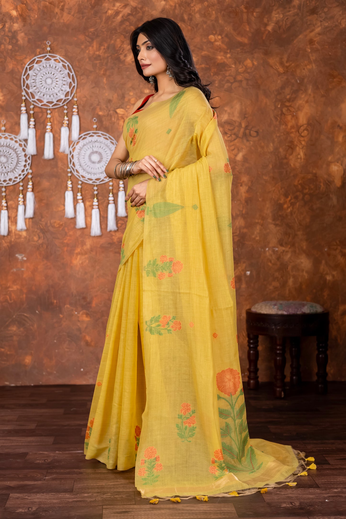Neetika Haldi Yellow Muga Cotton Jamdani Saree