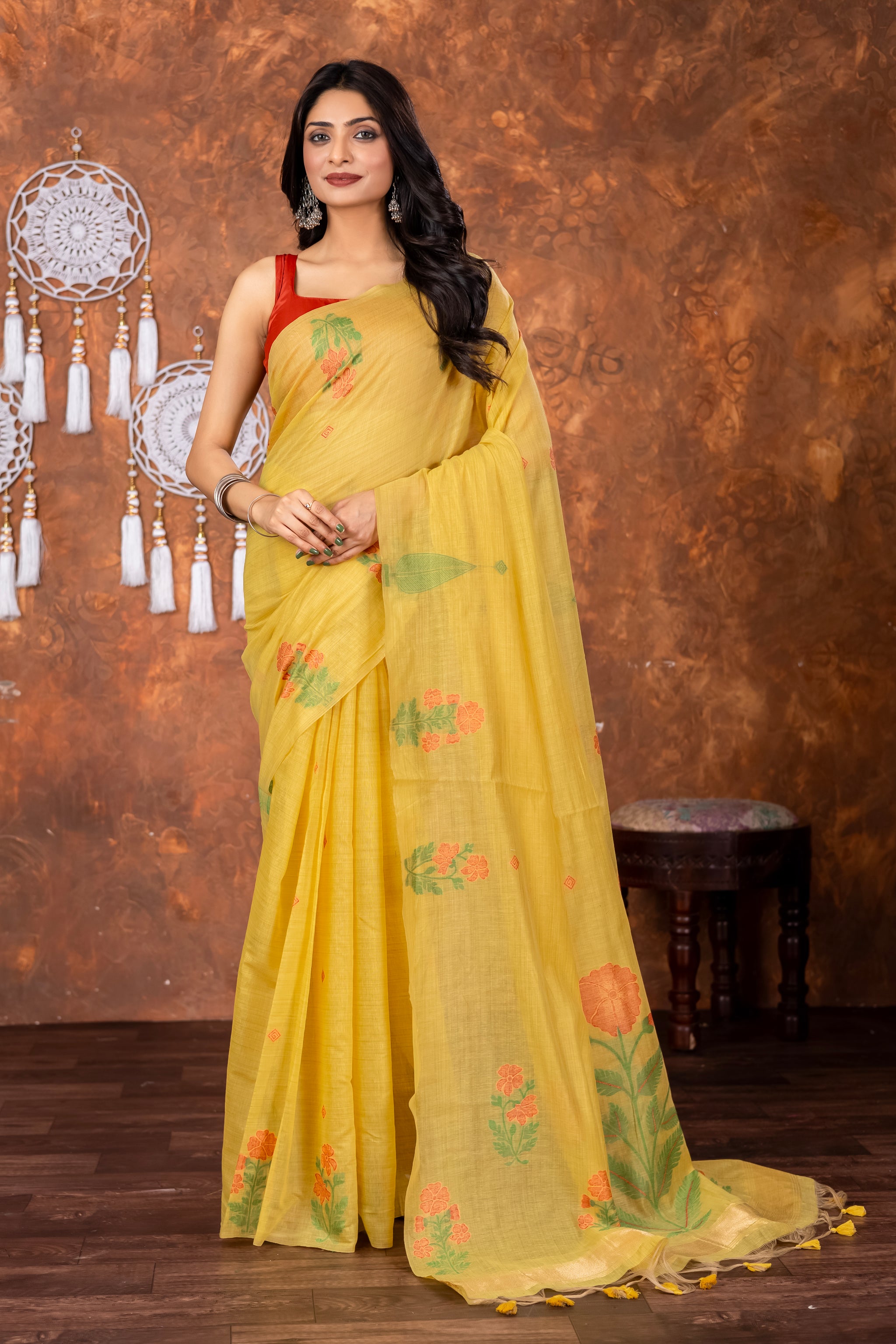 Neetika Haldi Yellow Muga Cotton Jamdani Saree