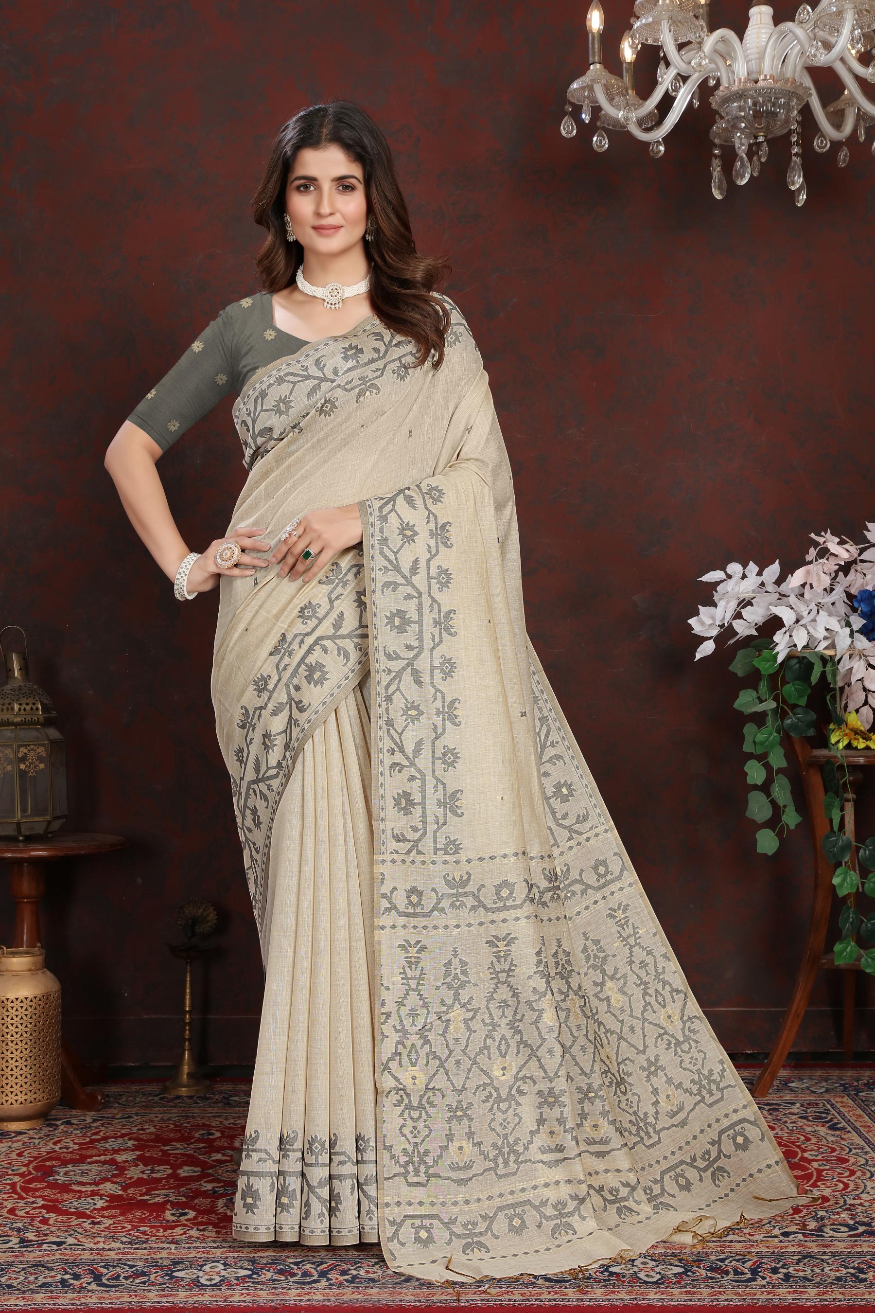 Panghat Grey Mul Cotton Jamdani Saree