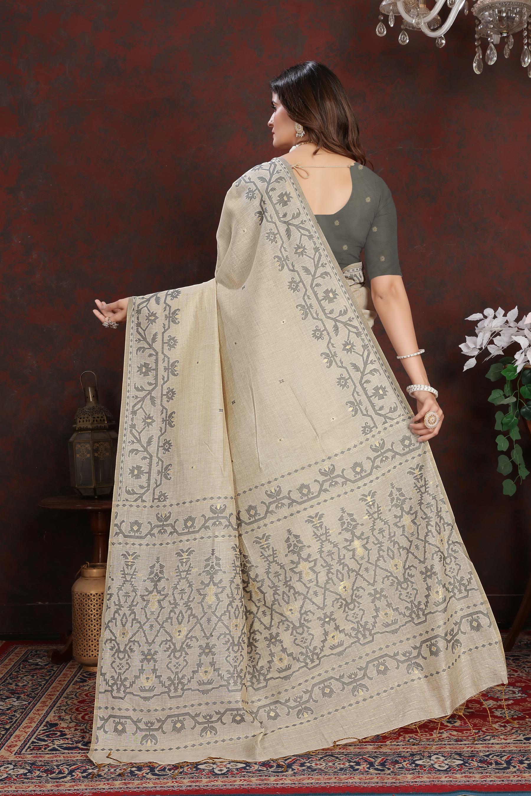 Panghat Grey Mul Cotton Jamdani Saree
