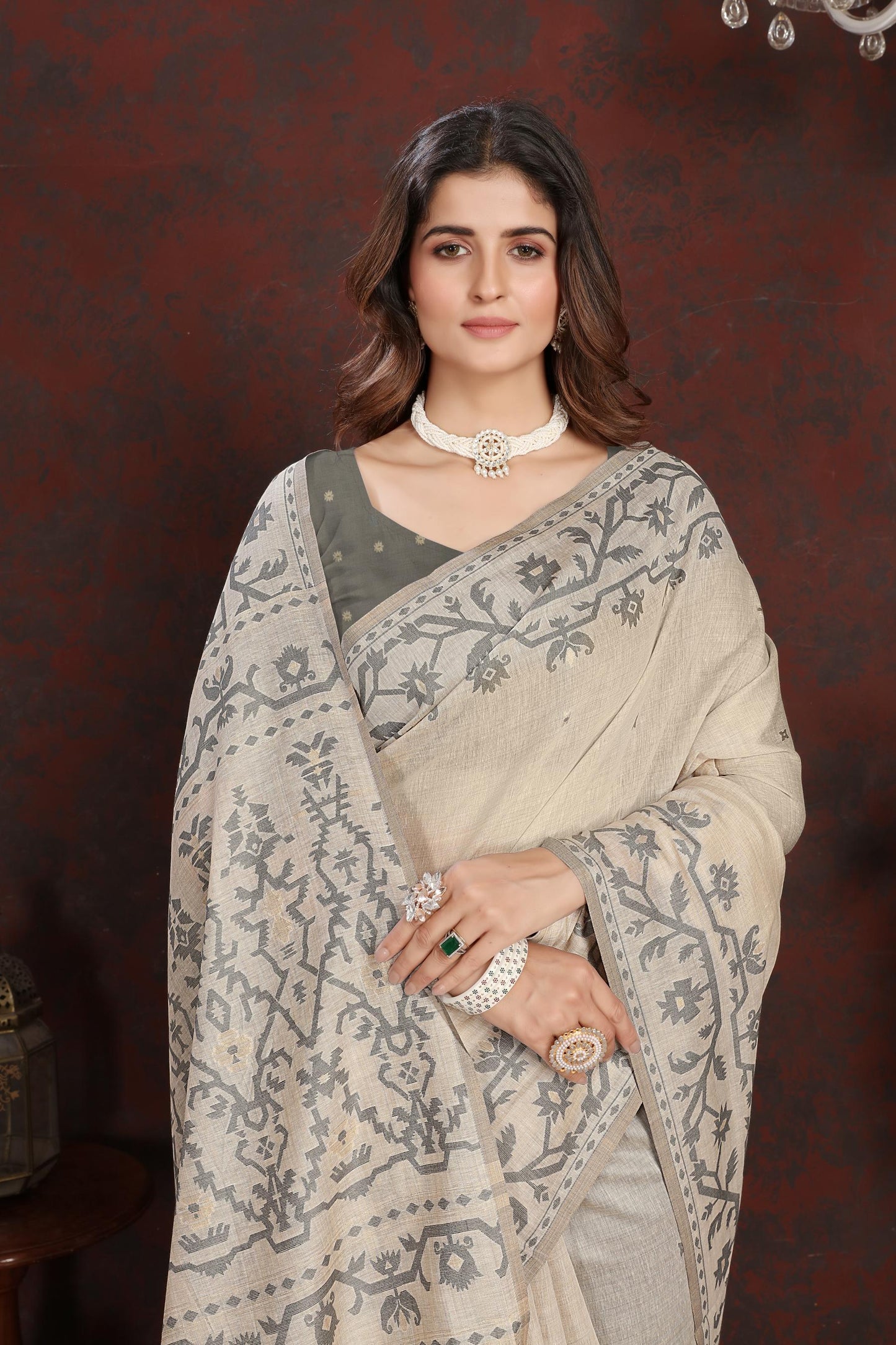 Panghat Grey Mul Cotton Jamdani Saree