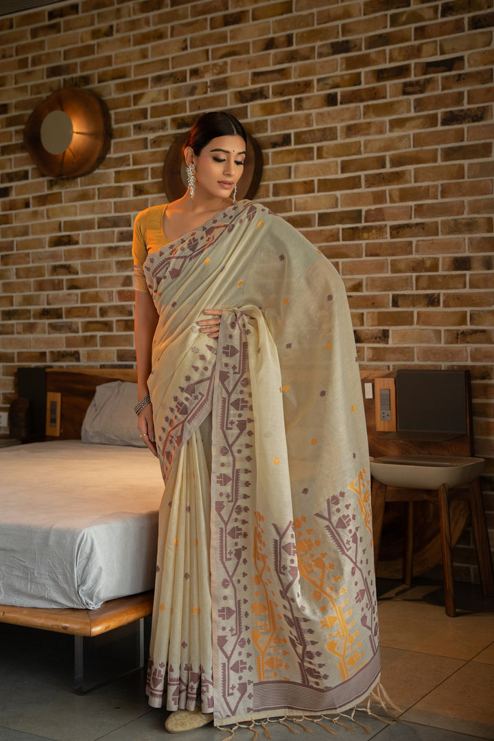 Pankti Amber Yellow Cotton Jamdani Saree