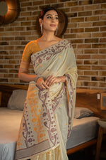 Load image into Gallery viewer, Pankti Amber Yellow Cotton Jamdani Saree
