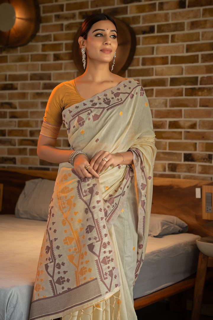 Pankti Amber Yellow Cotton Jamdani Saree