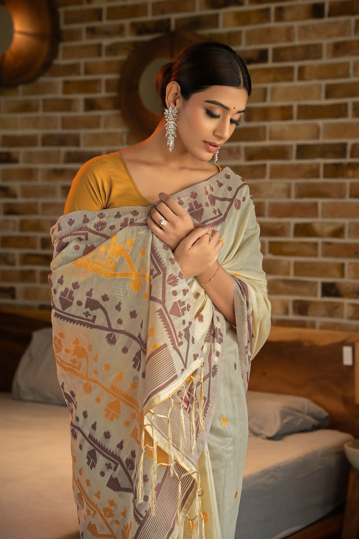 Pankti Amber Yellow Cotton Jamdani Saree