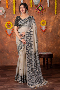 Parnita Beige & Black Muga Cotton Jamdani Saree