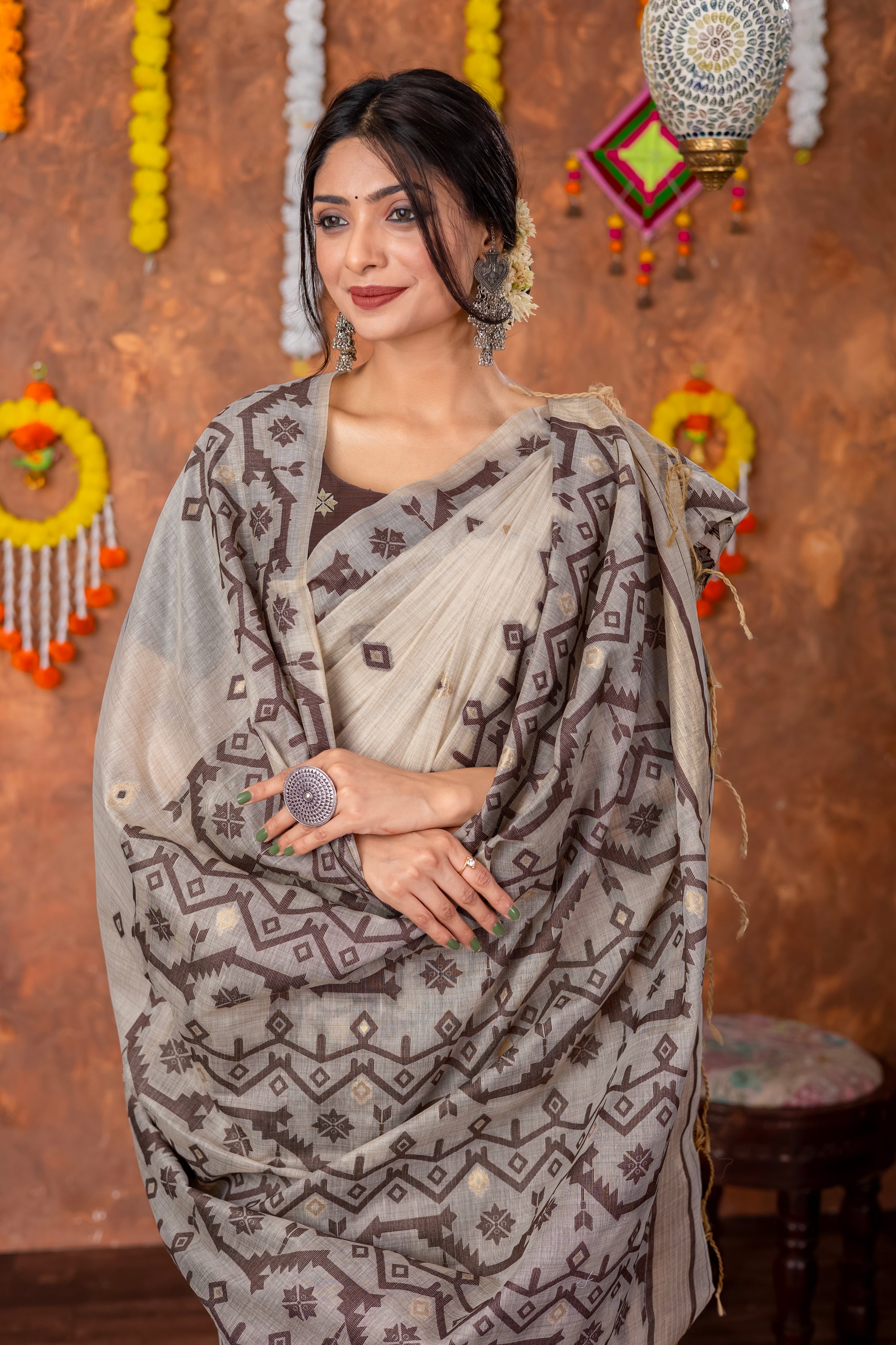 Parnita Beige & Brown Muga Cotton Jamdani Saree