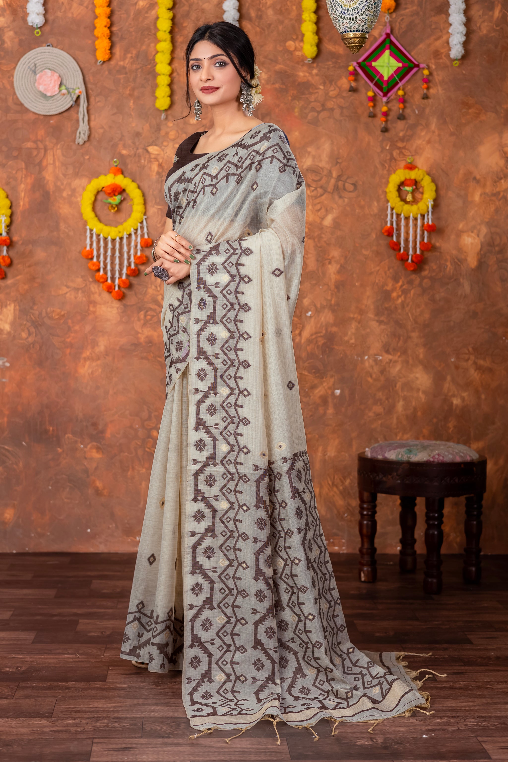 Parnita Beige & Brown Muga Cotton Jamdani Saree