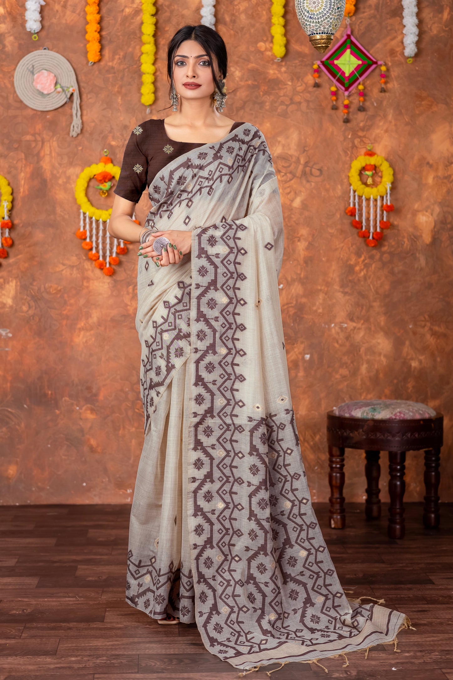 Parnita Beige & Brown Muga Cotton Jamdani Saree