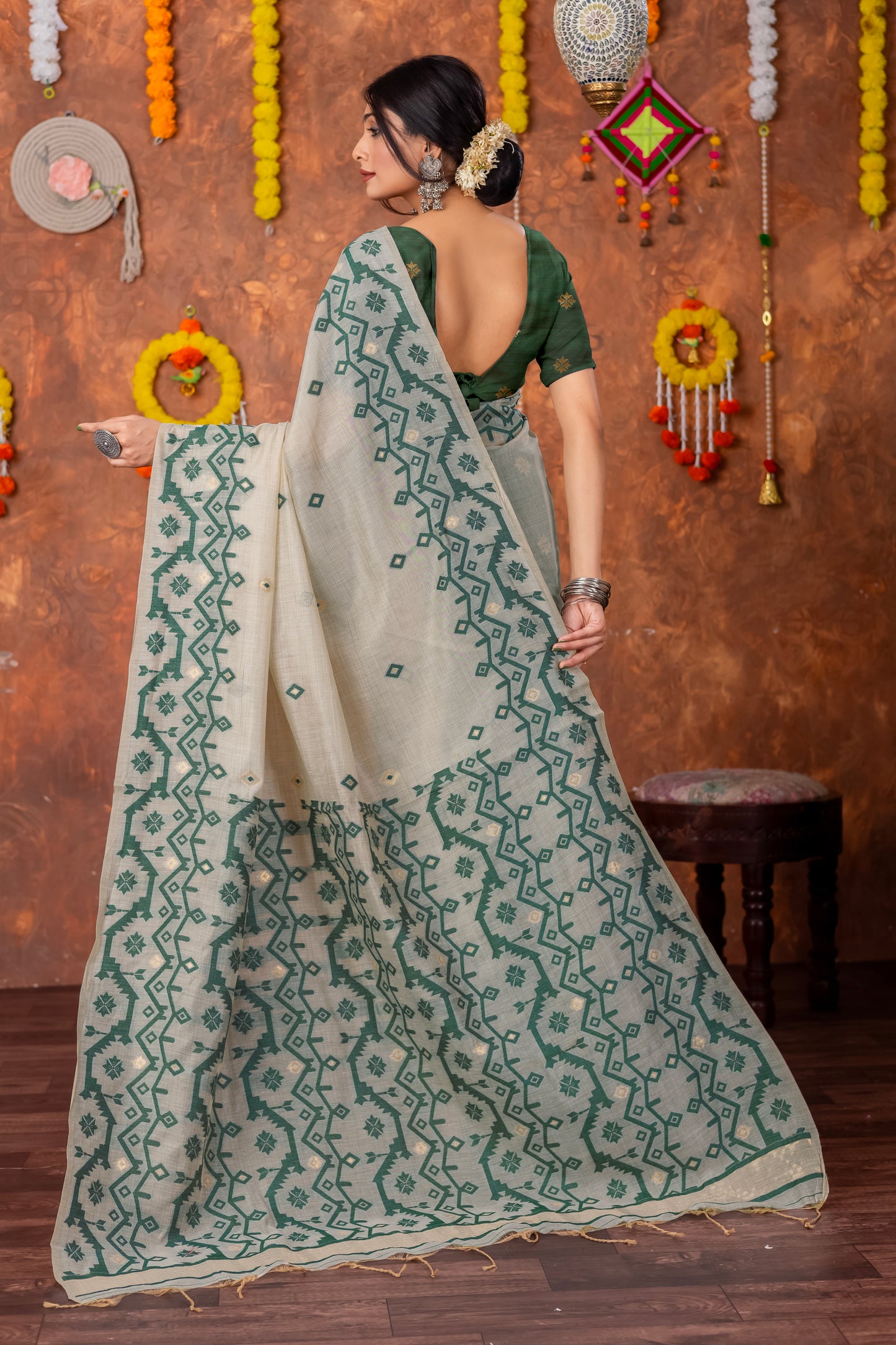 Parnita Beige & Bottle Green Muga Cotton Jamdani Saree