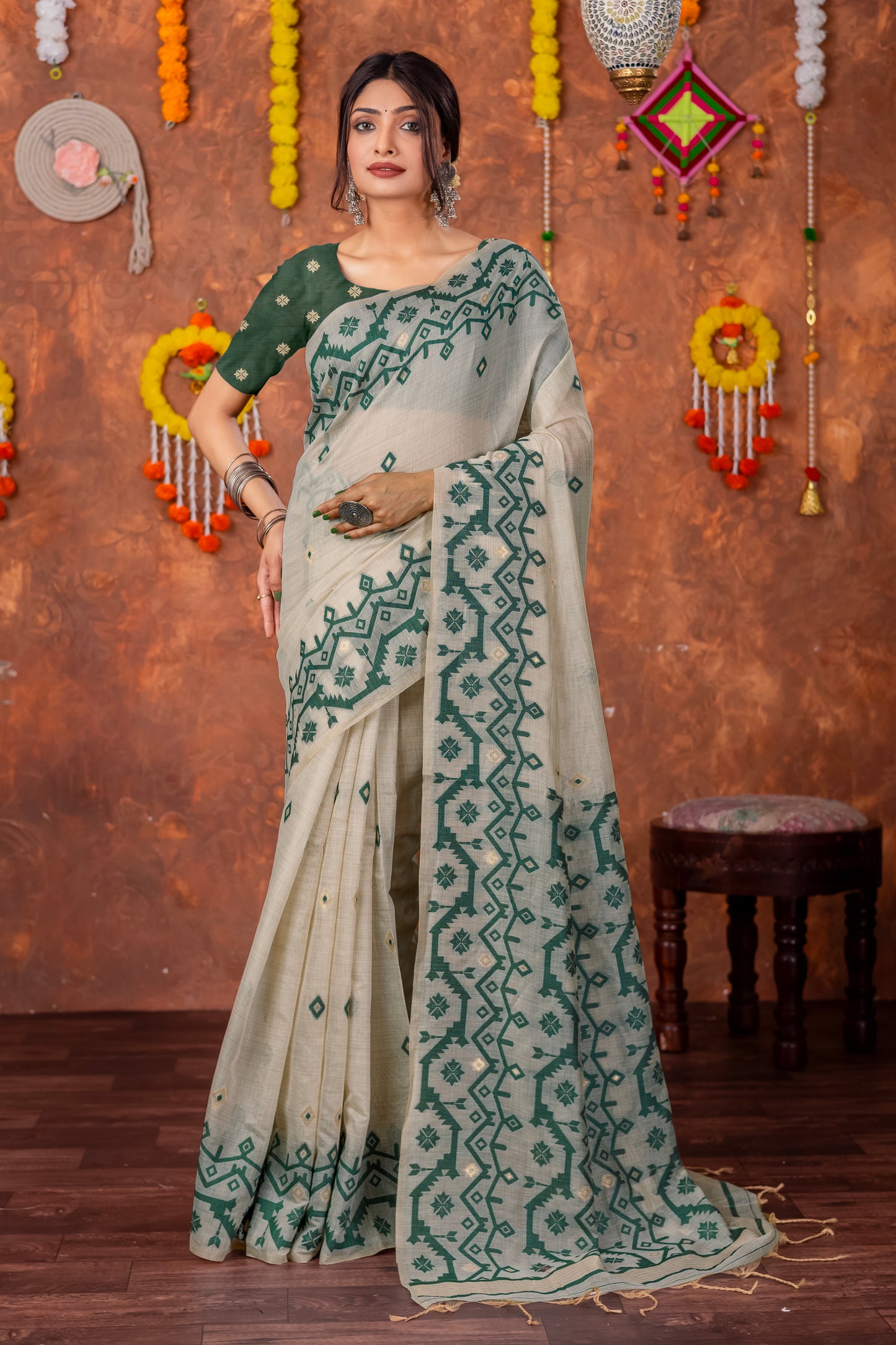 Parnita Beige & Bottle Green Muga Cotton Jamdani Saree