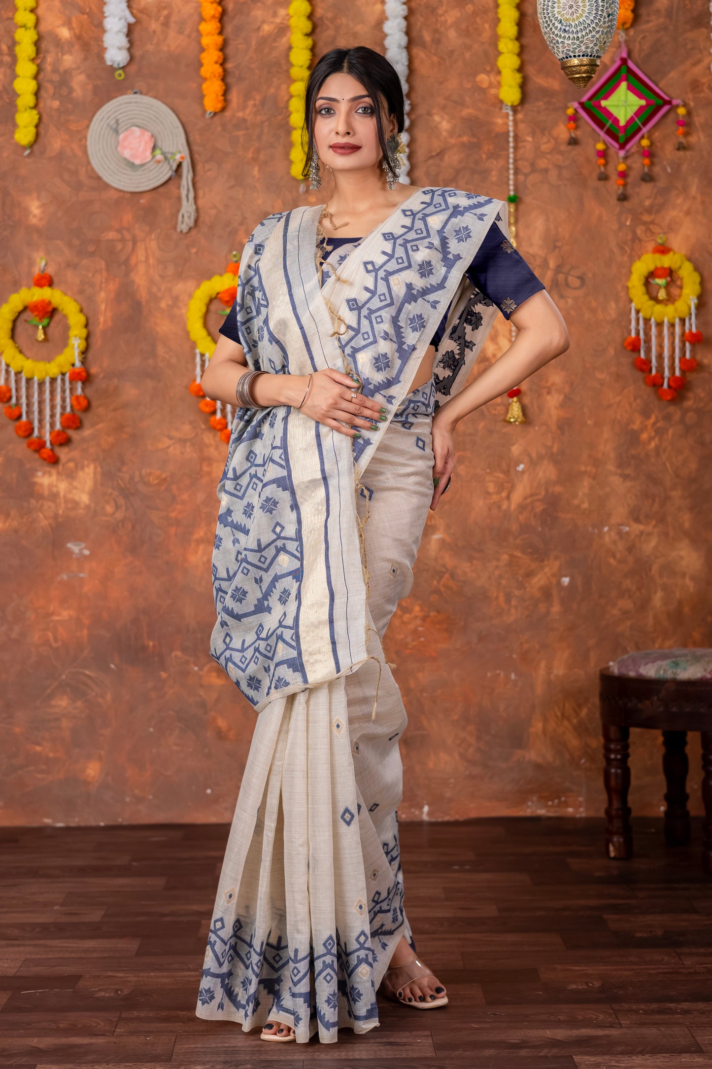 Parnita Beige & Navy Muga Cotton Jamdani Saree