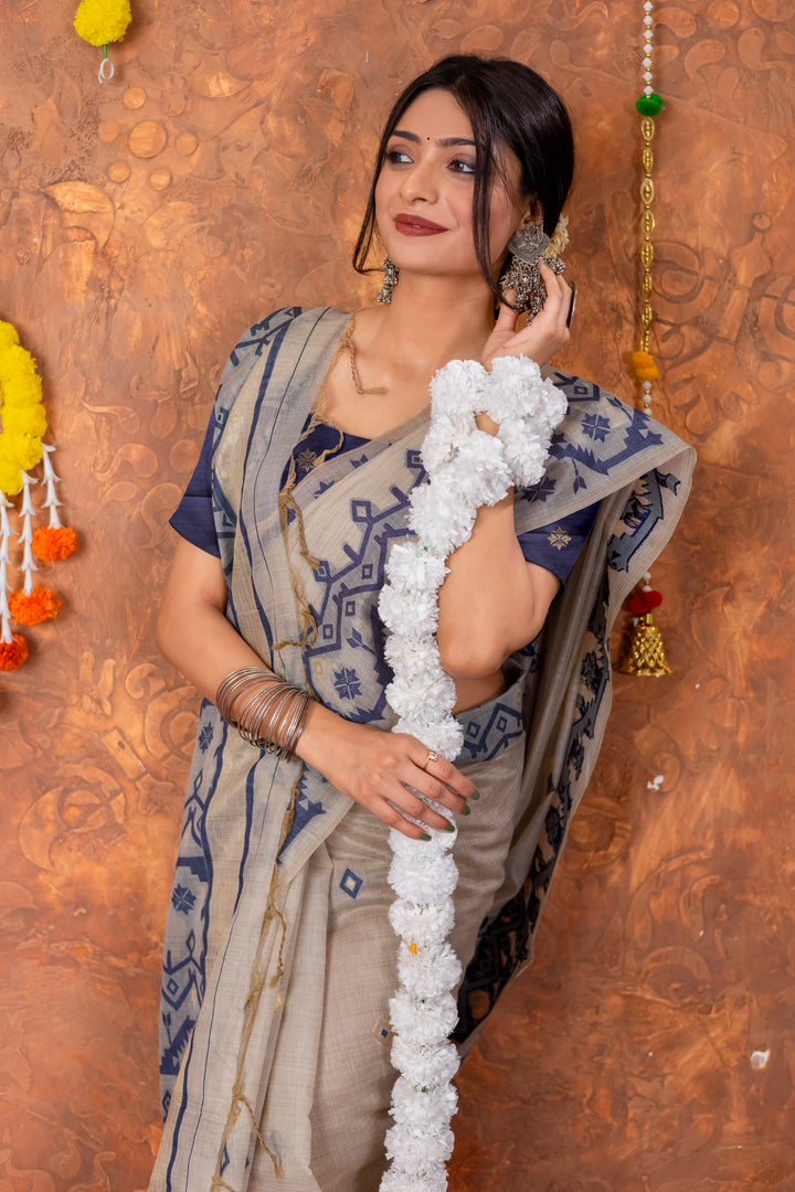 Parnita Beige & Navy Muga Cotton Jamdani Saree
