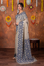 Load image into Gallery viewer, Parnita Beige &amp; Navy Muga Cotton Jamdani Saree
