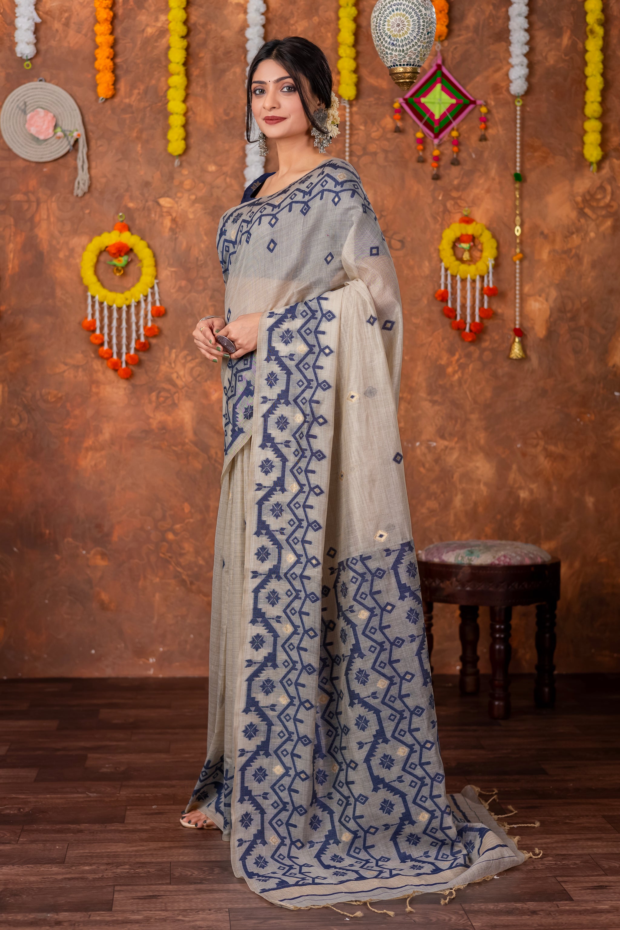 Parnita Beige & Navy Muga Cotton Jamdani Saree
