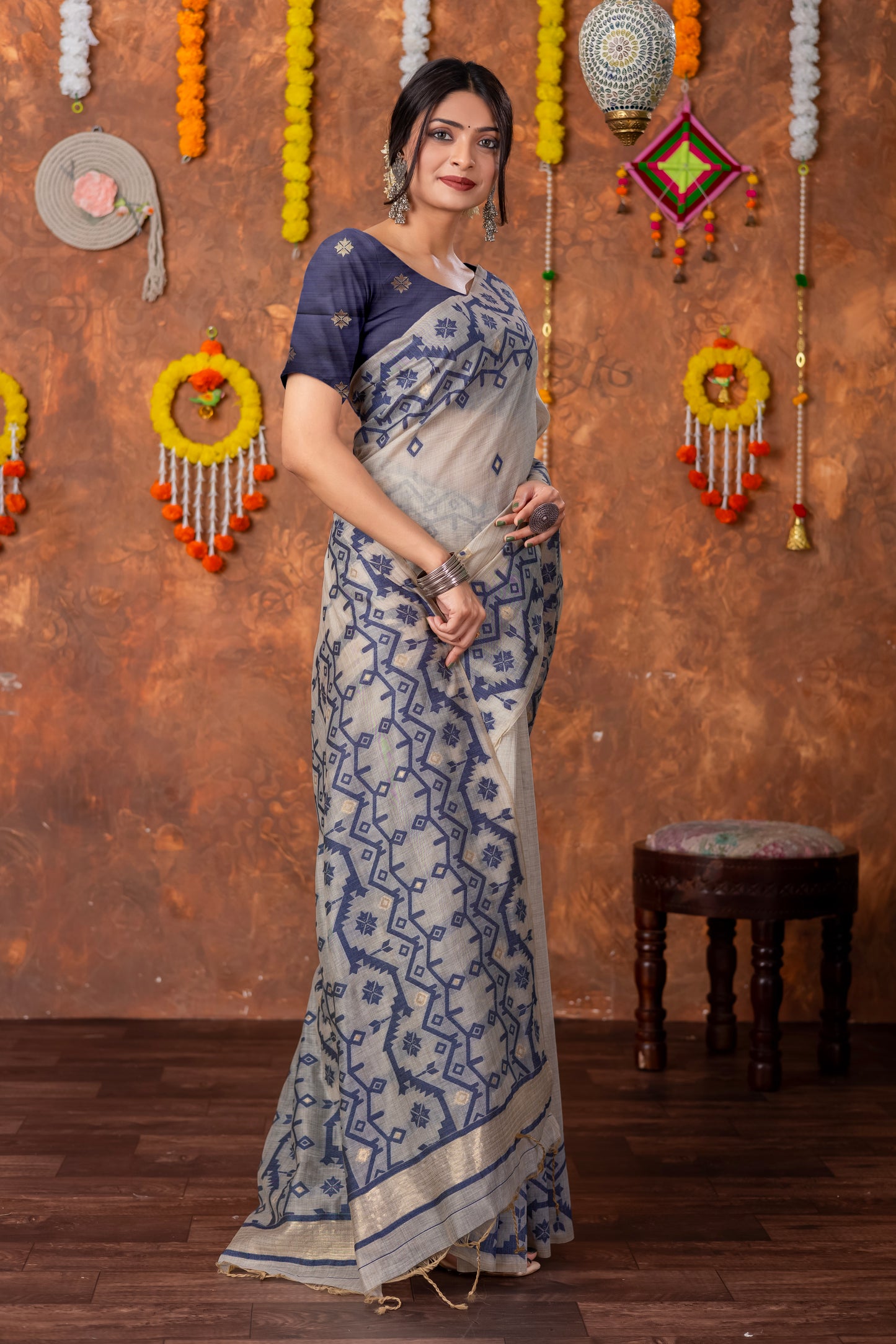 Parnita Beige & Navy Muga Cotton Jamdani Saree