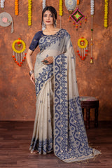 Parnita Beige & Navy Muga Cotton Jamdani Saree