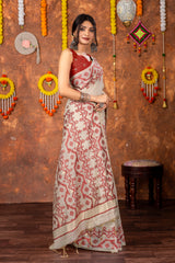 Parnita Beige & Red Muga Cotton Jamdani Saree
