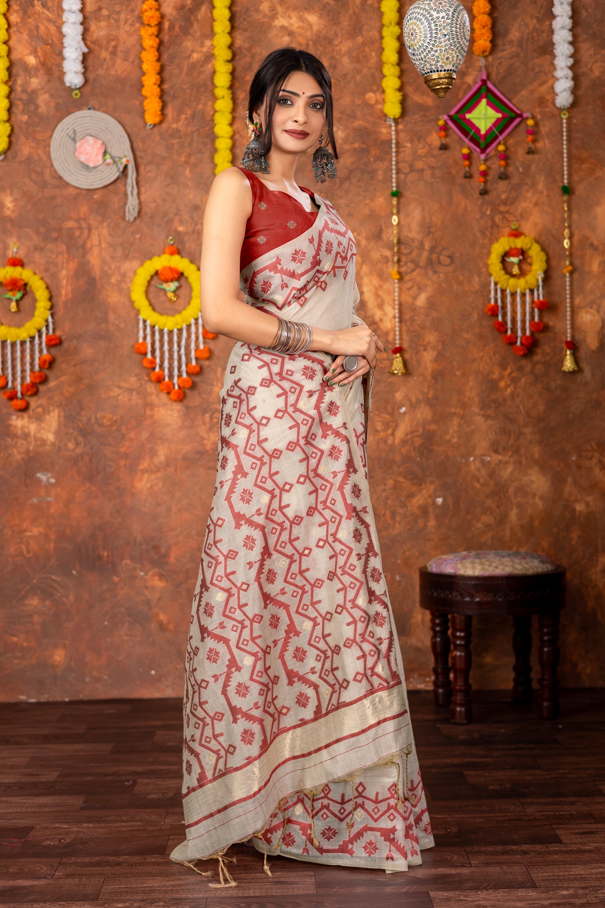 Parnita Beige & Red Muga Cotton Jamdani Saree
