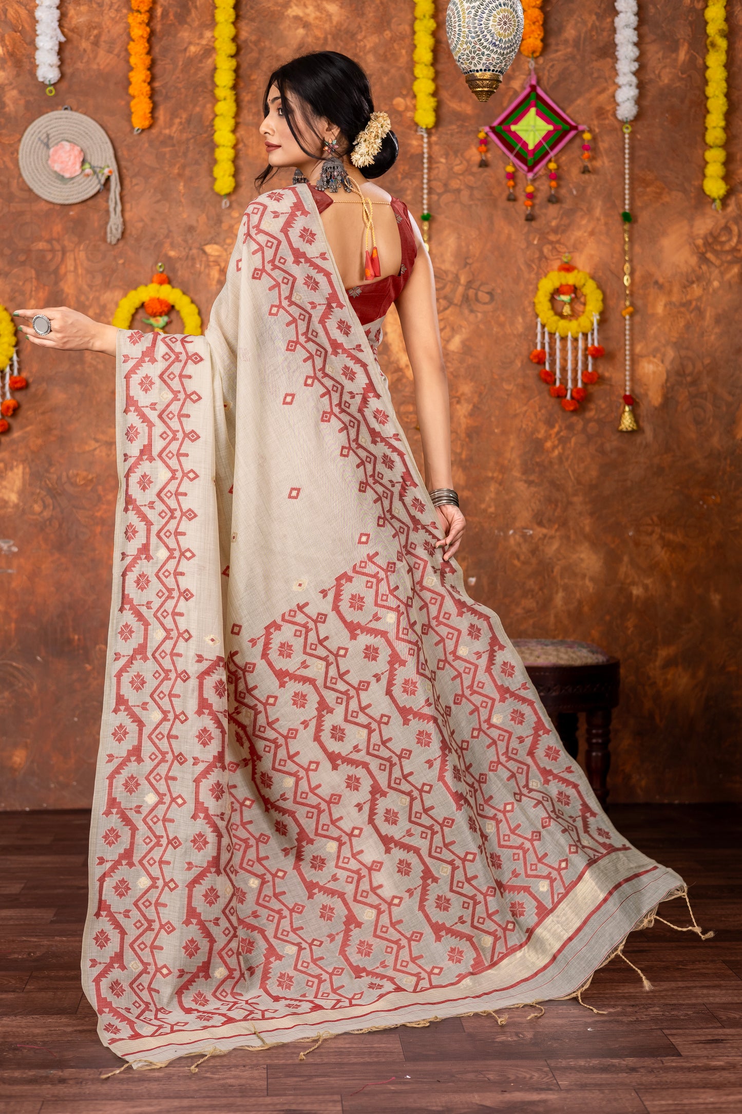 Parnita Beige & Red Muga Cotton Jamdani Saree