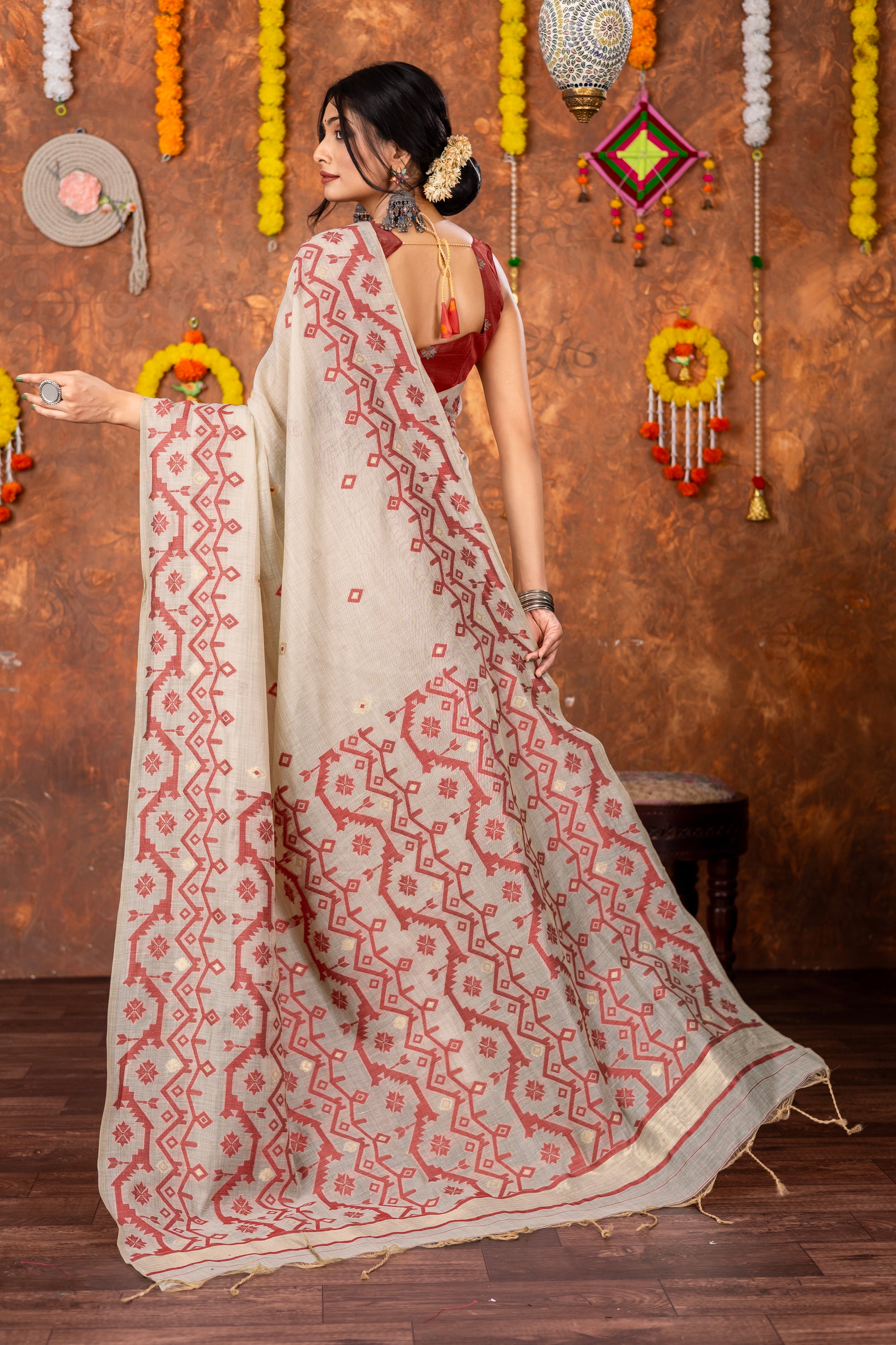 Parnita Beige & Red Muga Cotton Jamdani Saree