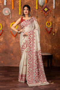Parnita Beige & Red Muga Cotton Jamdani Saree