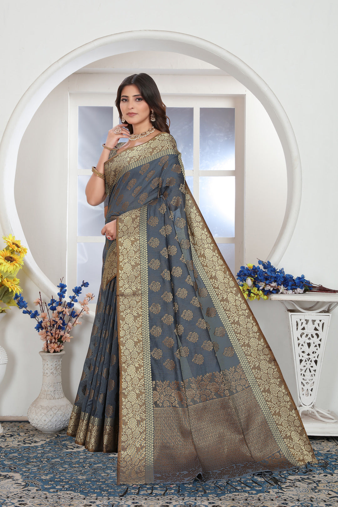 Grey Zari Woven Design Chanderi Cotton Saree