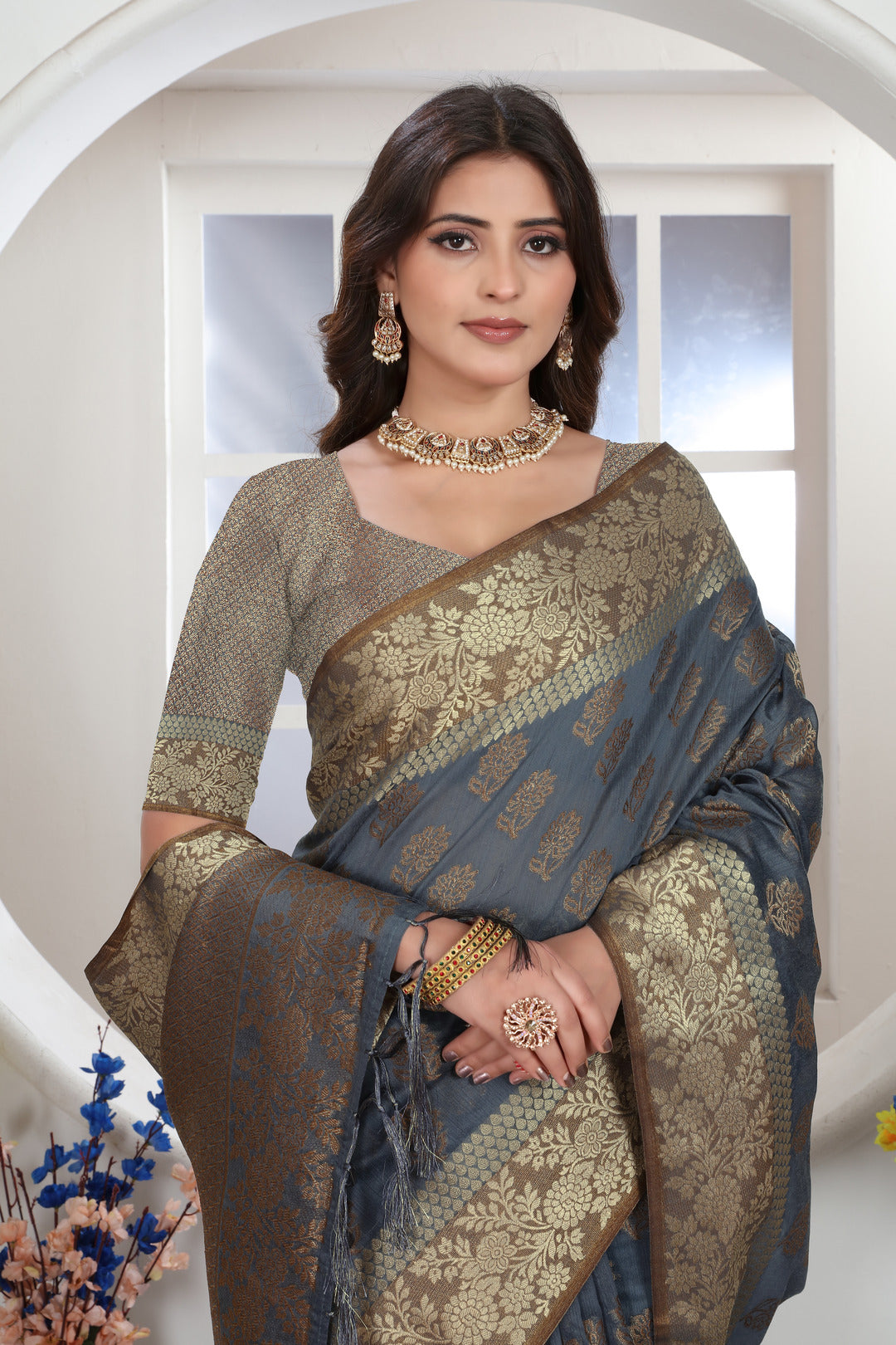 Grey Zari Woven Design Chanderi Cotton Saree