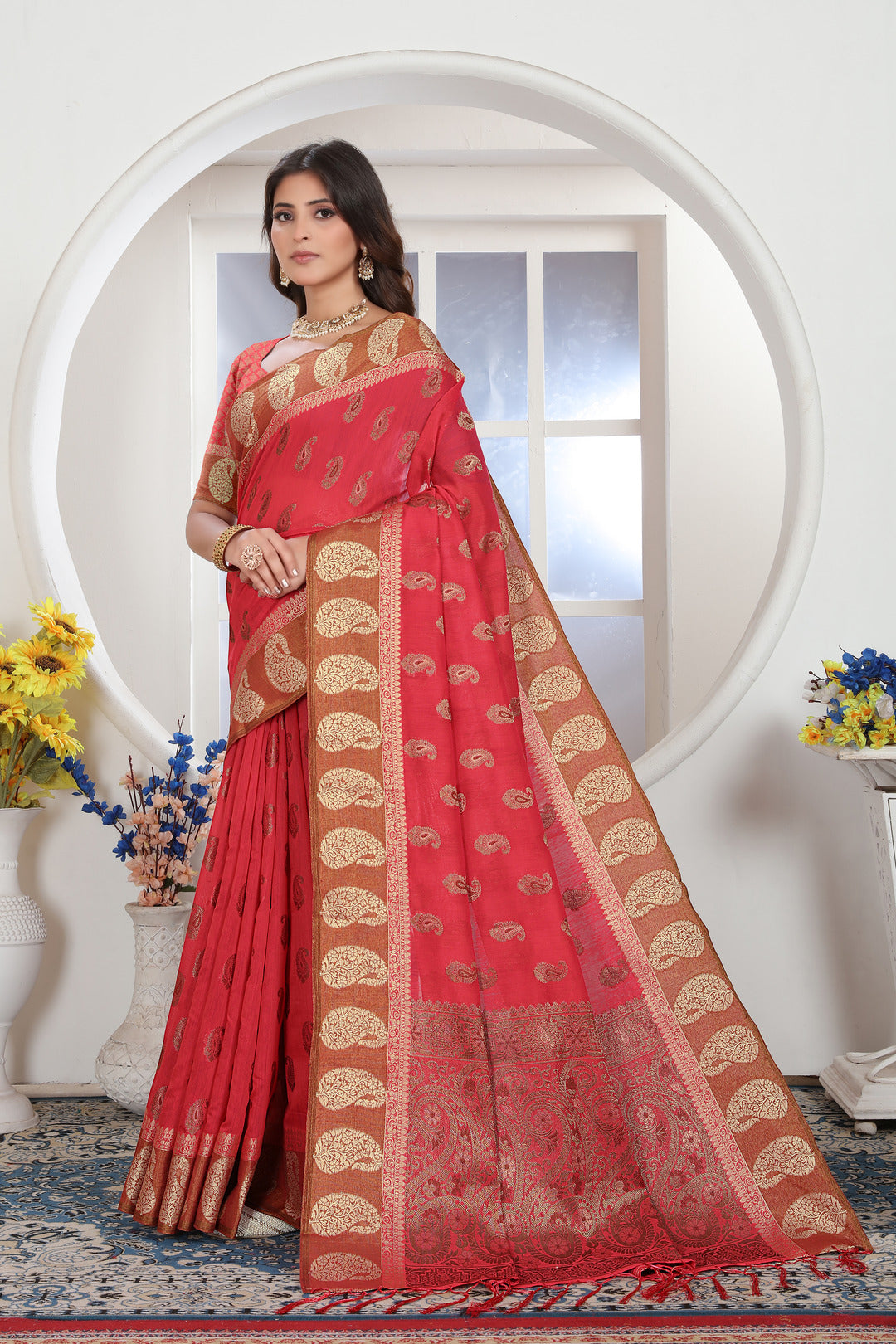 Pink Zari Woven Design Chanderi Cotton Saree
