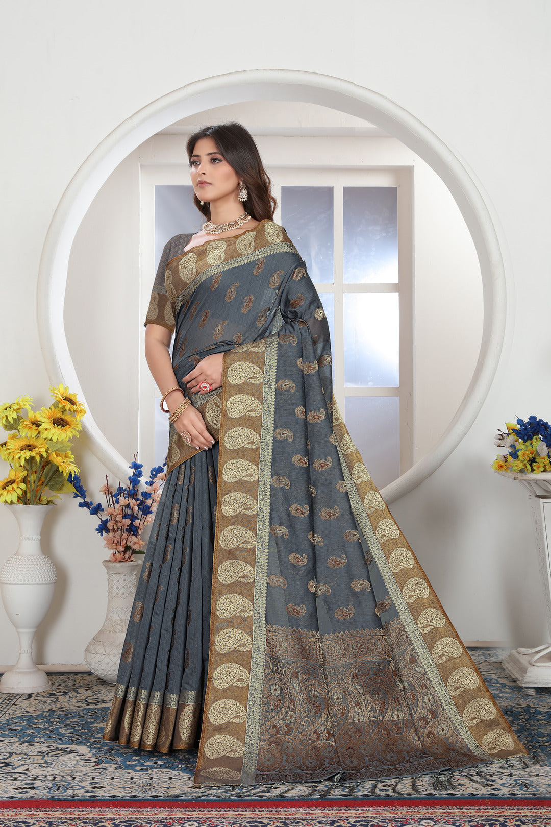 Grey Zari Woven Design Chanderi Cotton Saree