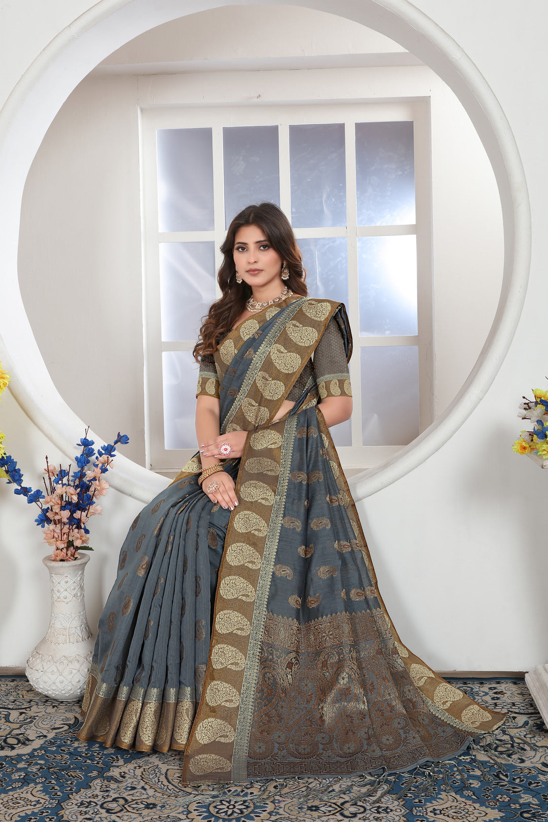 Grey Zari Woven Design Chanderi Cotton Saree