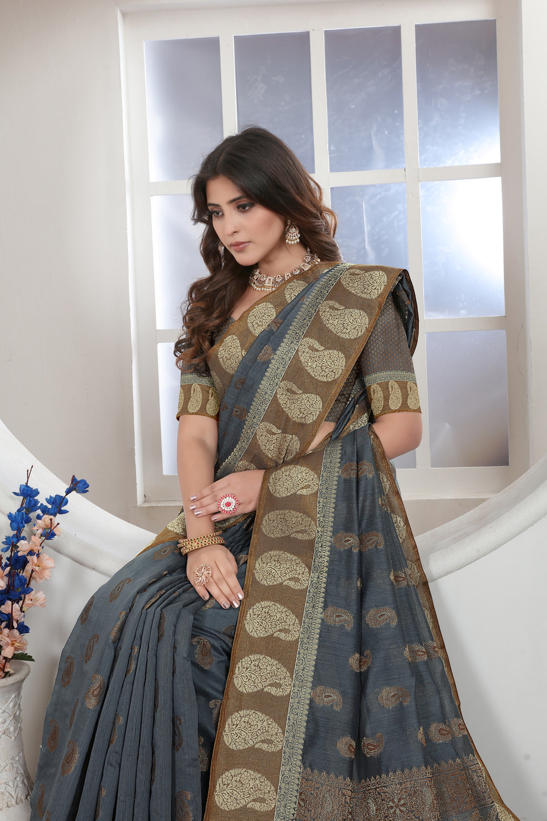 Grey Zari Woven Design Chanderi Cotton Saree