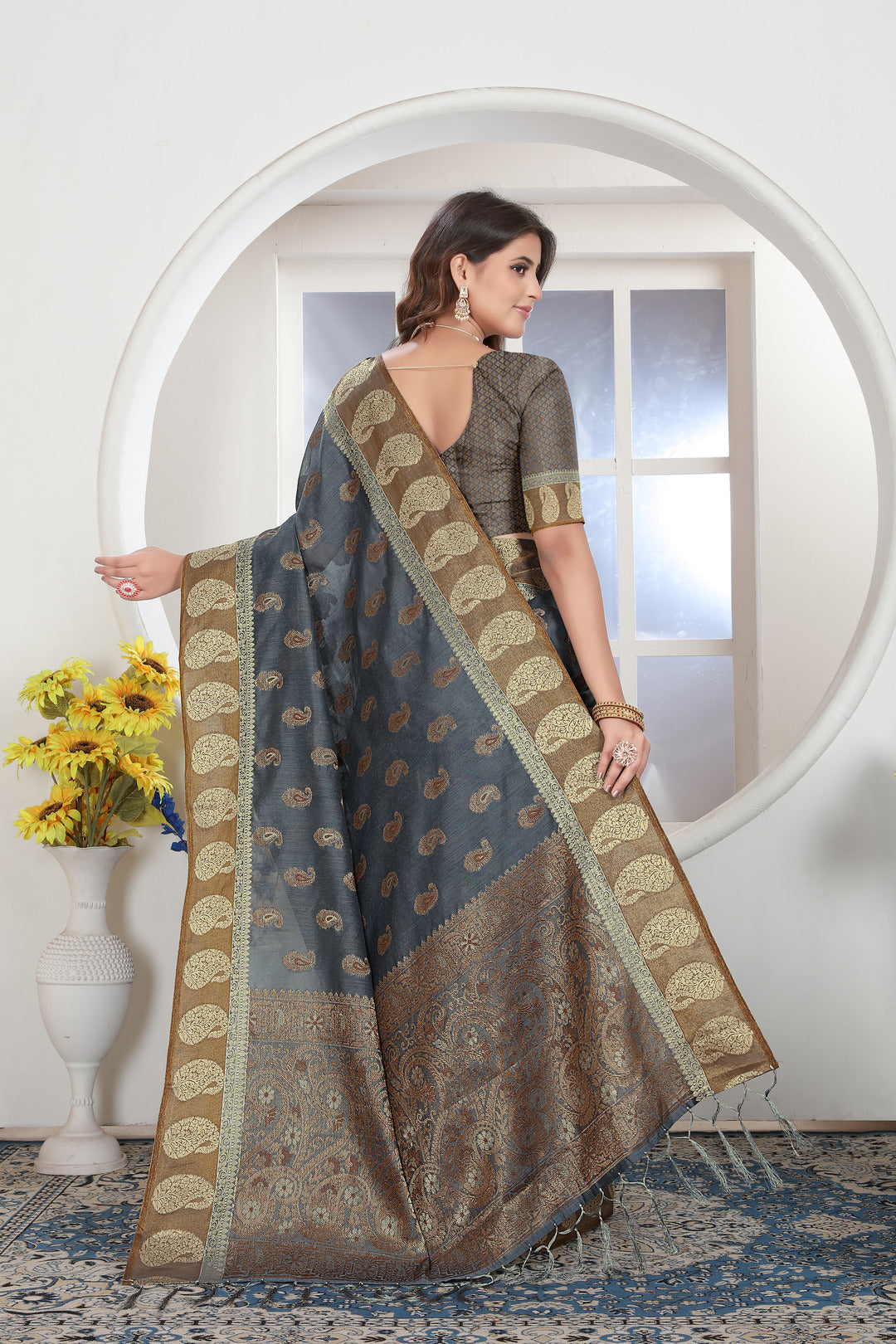Grey Zari Woven Design Chanderi Cotton Saree