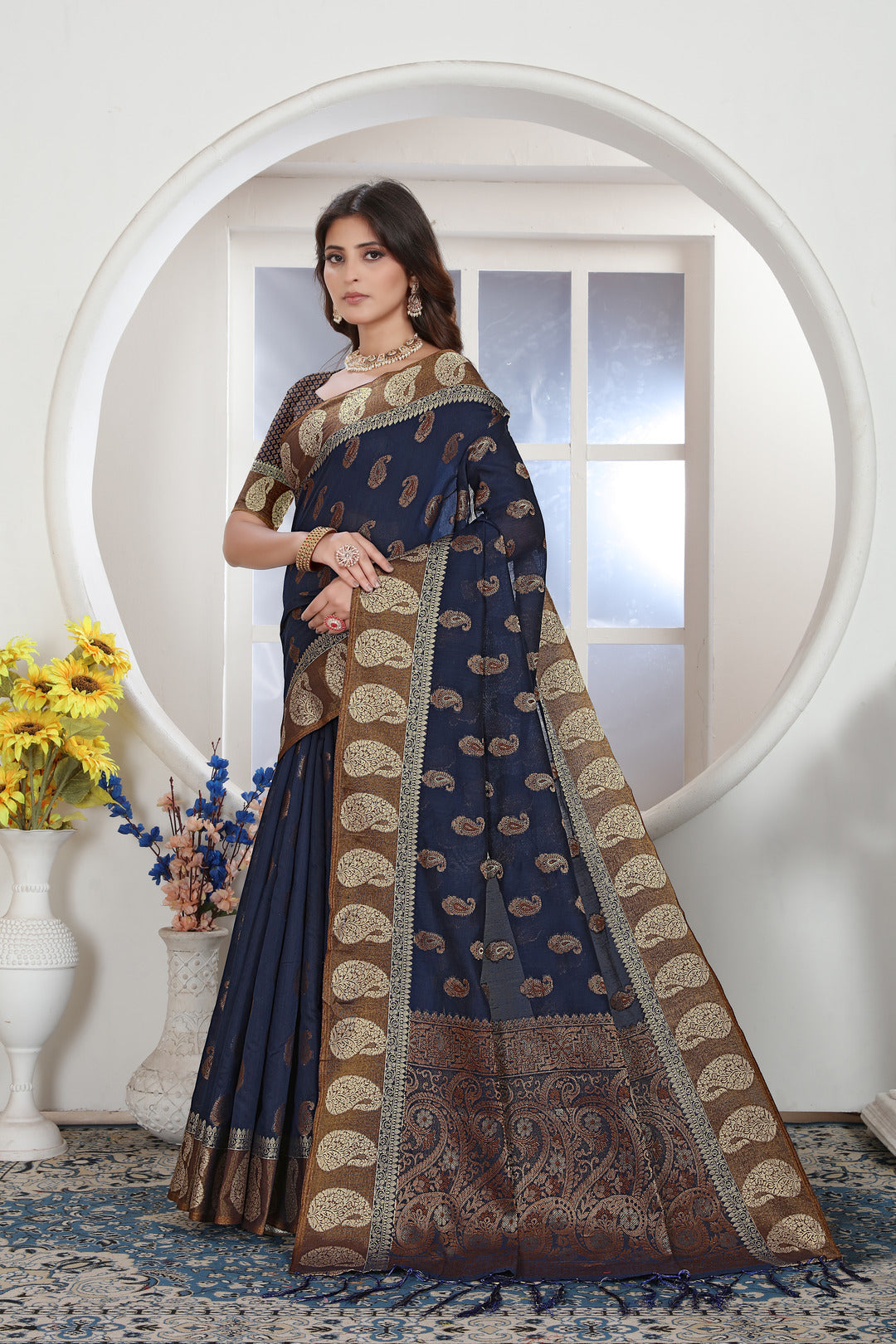 Navy Blue Zari Woven Design Chanderi Cotton Saree